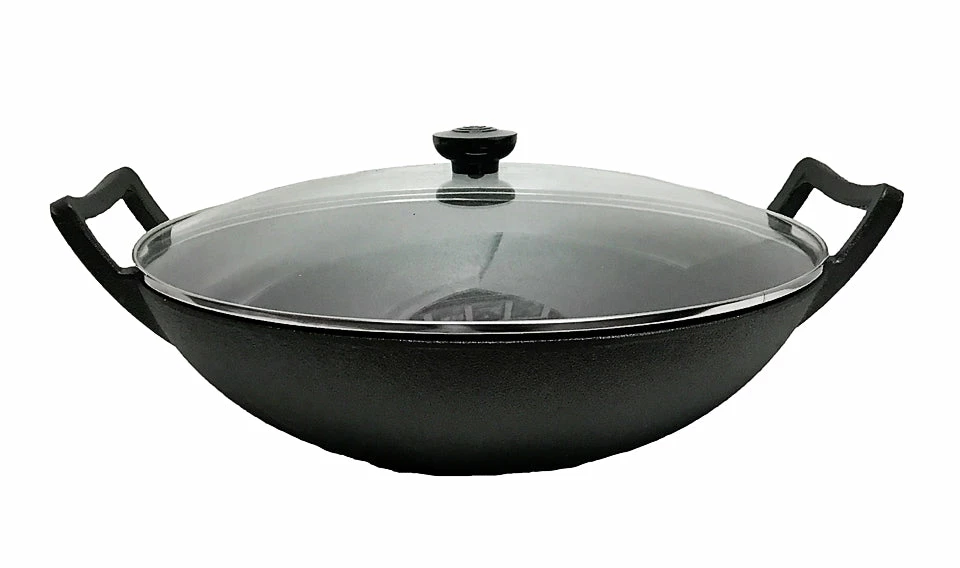 Cajun Classic Seasoned Cast Iron Wok With Glass Lid