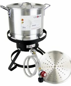Cajun Outdoor Cooking High Pressure Propane Burner And 24 QT Aluminum Steamer Pot Bundle Stainless Pot Steamers