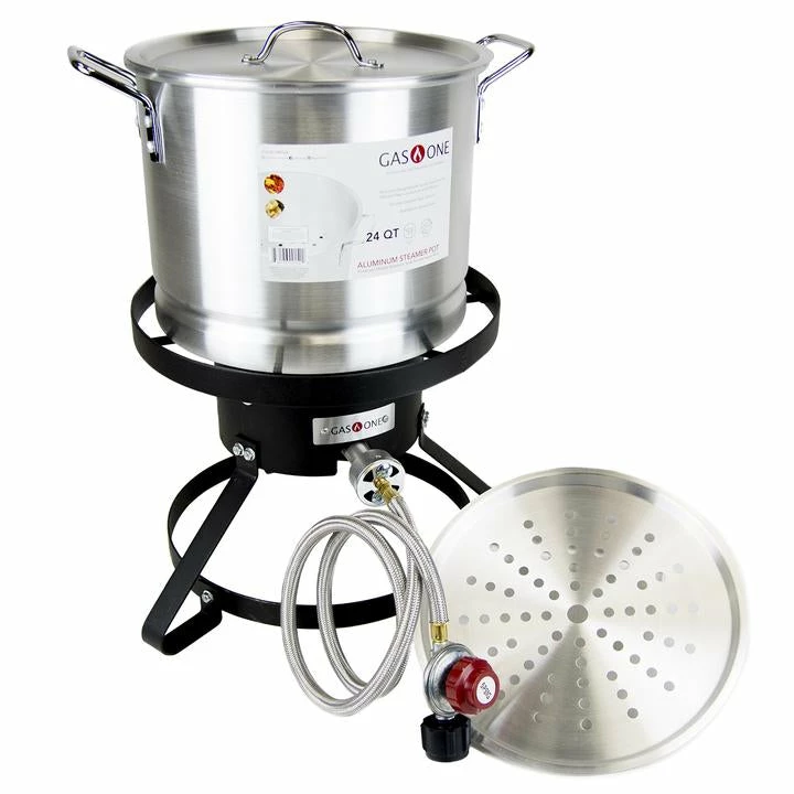 Cajun Outdoor Cooking High Pressure Propane Burner And 24 QT Aluminum Steamer Pot Bundle Stainless Pot Steamers